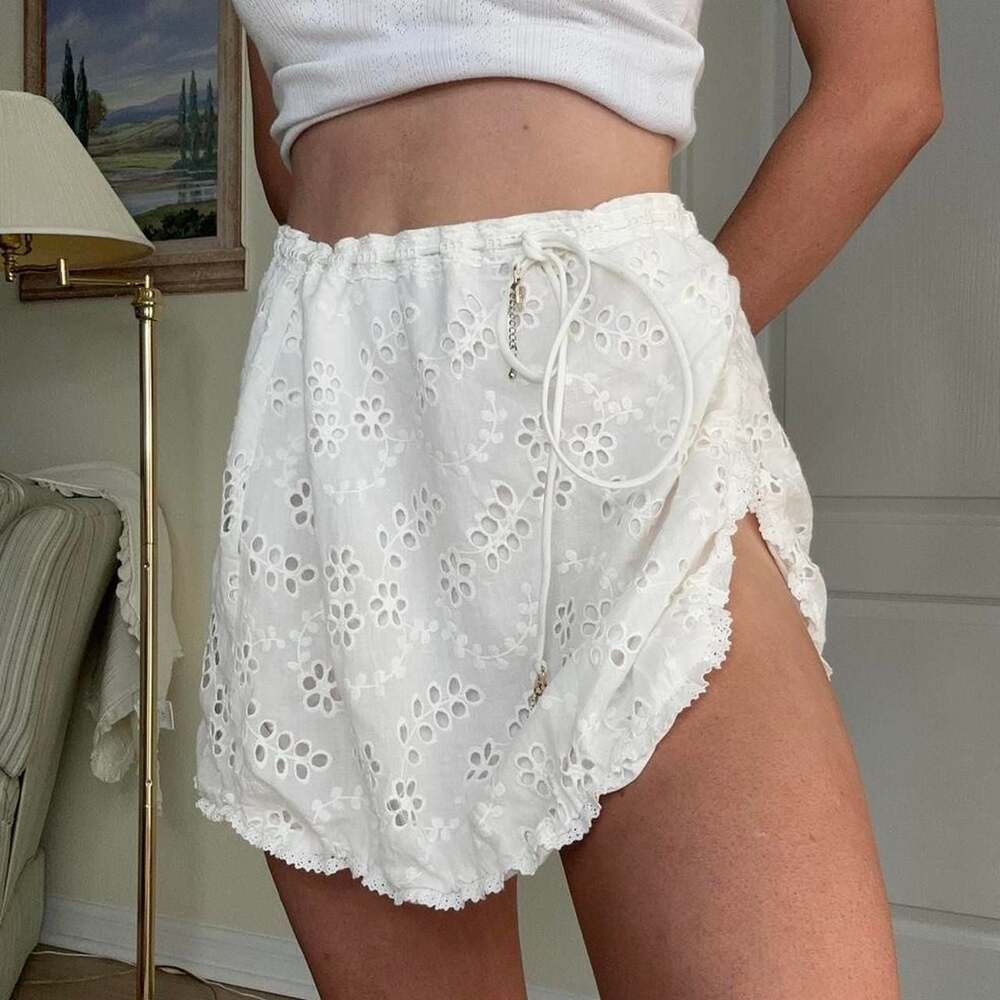 White Eyelet Floral Lace High Slit Mini Skirt